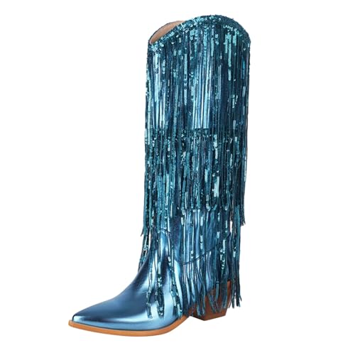 Western-Cowgirl-Cowboystiefel für Damen, kniehoch, breite Wadenfransen, Pailletten, glitzerndes Lackleder, spitzer Zehenbereich, mehrere Größen, blau, 37 EU von Generisch