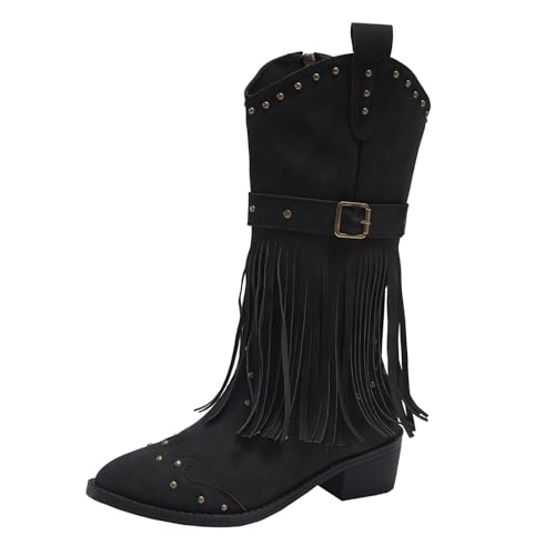 Western-Cowgirl-Cowboystiefel für Damen, mittelbreite Wade, Fransen, Gürtelschnalle, Nieten, runde Zehenpartie, Herbststiefel für Damen, Schwarz , 38.5 EU von Generisch