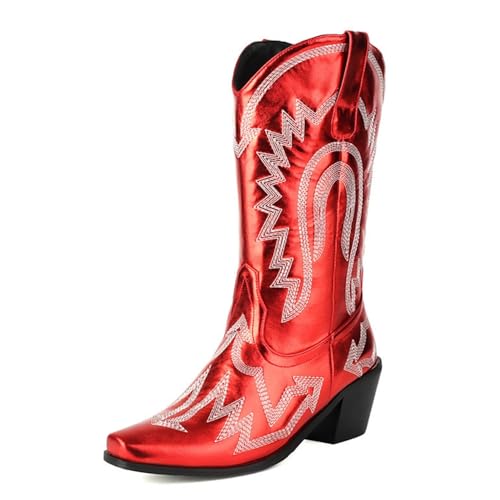 Western-Cowgirl-Stiefel für Damen, metallisch bestickt, V-Schnitt, breite Wade, Komfort, klobiger Absatz, quadratische Zehenpartie, Retro-Schuhe, zum Überziehen, rot, 40 EU von Generisch
