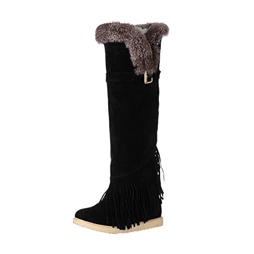 Western Stiefeletten Damen Fransen - Hohe Stiefel Damen Ohne Absatz Rutschfest Plüsch Langschaftstiefel Schlupfstiefel Wildleder Trachtenschuhe Schlupfschuhe Weiter Schaft Mit Schnallen Winterstiefel von Generisch
