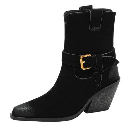 Western-Stiefeletten für Damen, Wildleder, mit spitzem Zehenbereich, Blockabsatz und Schnalle, Slip-On-Design für einen Retro-Bootie-Look, Schwarz, kein Fell, 41 EU von Generisch