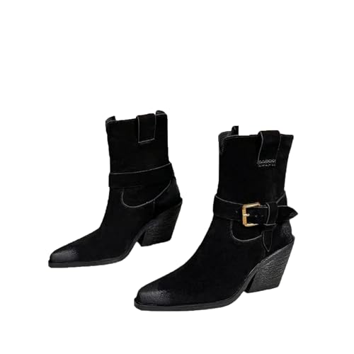 Western-Stiefeletten für Damen, Wildleder, mit spitzem Zehenbereich, Blockabsatz und Schnalle, Slip-On-Design für einen Retro-Bootie-Look, Schwarz mit Fell, 41 EU von Generisch