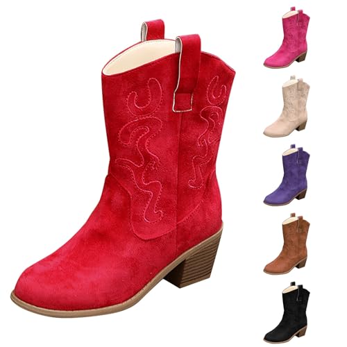 Westernstiefel Damen Cowboystiefel Herbst Spitz Zehe Block Heels Damenstiefel Einfarbig Vintage Mit Blumen Schlupfschuhe Outdoor Große Größen Cowboy Boots Bequeme Halbstiefel,37.5-41 Eu von Generisch