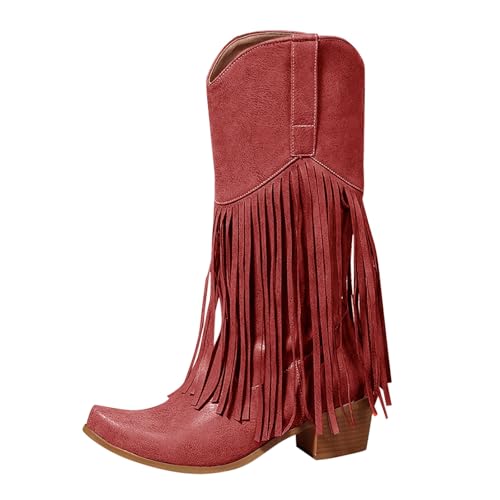 Westernstiefel Damen Fransen, Cowboystiefel Damen Mittel Hoch Halbstiefel Mit Blockabsatz Winterstiefel Spitze Fransenstiefel Einfarbig Schlupfstiefel Modische Herbststiefel Trachtenstiefel von Generisch