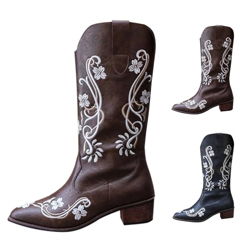 Westernstiefel Damen Western Boots Damen Wide Fit Cowboystiefel FüR Leder SchöNe Bestickte NäHte Westernstiefel Klassisch VintageüBergrößE Niedriger Stiefeletten Leder von Generisch