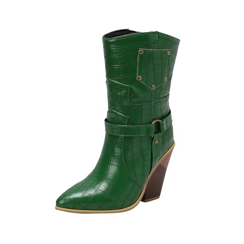 Westernstiefel Damen Zum Reiten - Cowboystiefel Damen Hoch Ethno Vintage Trachtenschuhe Klassischer Texani-Stiefel Weiter Schaft Country-Stiefel Blockabsatz Reitstiefel Halbstiefel Pu Lederstiefel von Generisch