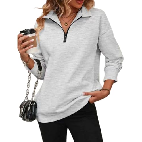 Wholeentire Damen-Sweatshirt mit Reißverschluss und überschnittenen Schultern, Sweatshirt mit Reißverschluss, Damen-Pullover mit halbem Reißverschluss und Langen Ärmeln (Hellgrau,XXL) von Generisch