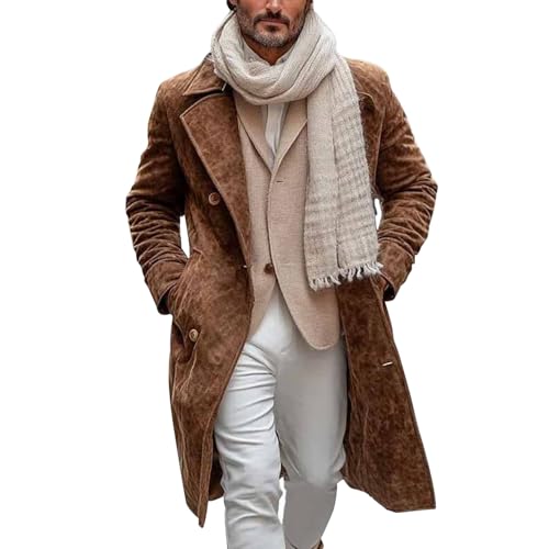 Wildleder Mantel Herren Lang Braun Trenchcoat Cardigan - Vintage Reverskragen Wintermantel Kurzmantel Mit Knopf üBergangsmantel Herbstmantel Mit Taschen Winterjacke üBergangsjacke Windbreaker von Generisch