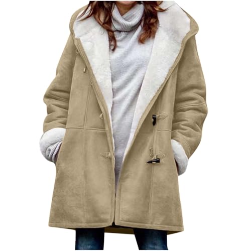 Wildleder-Sherpa-Jacke für Damen mit Kapuze Leicht Winterjacke Dicker Parka Kunstwildleder Thermo Übergangsjacke Weich Winterparka Oberbekleidung Übergröße Wintermäntel Gemütlich Trenchcoat von Generisch