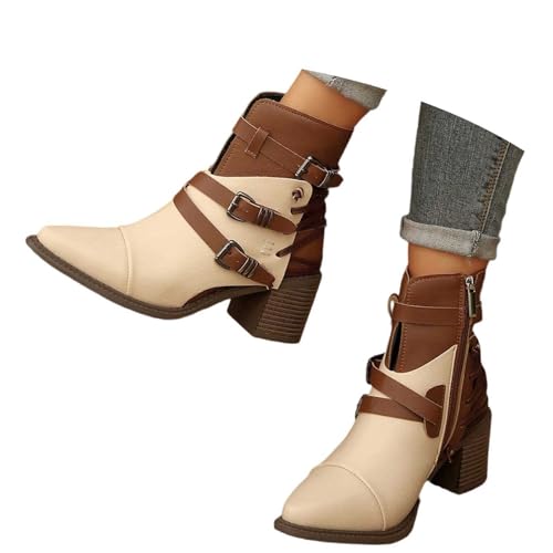 Wildleder Stiefeletten Damen Retro Chelsea Kurz Stiefel Leder-Ankle Boots Spitzschuh Ankle Boots mit Riemen & Schnallen Damenschuhe Schnürstiefelette Worker Boot von Generisch