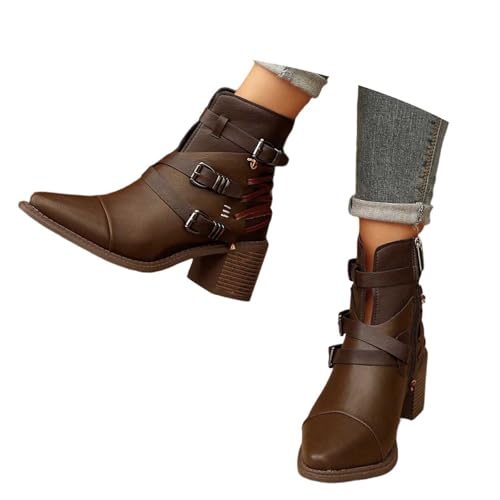 Wildleder Stiefeletten Damen Retro Chelsea Kurz Stiefel Leder-Ankle Boots Spitzschuh Ankle Boots mit Riemen & Schnallen Damenschuhe Schnürstiefelette Worker Boot von Generisch