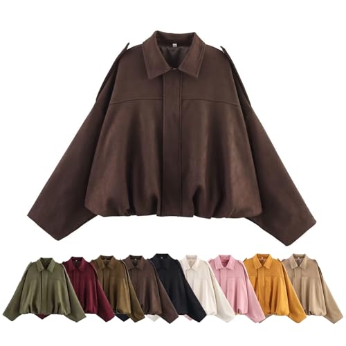 Wildlederjacke Damen Kurz Bomberjacke Oversized Suede Jacke Herbst Wildleder Revers Pilotenmantel Übergangsjacke Streetwear Kunstwildleder Lässig Y2K Langarm Lederjacke Kaffee M von Generisch