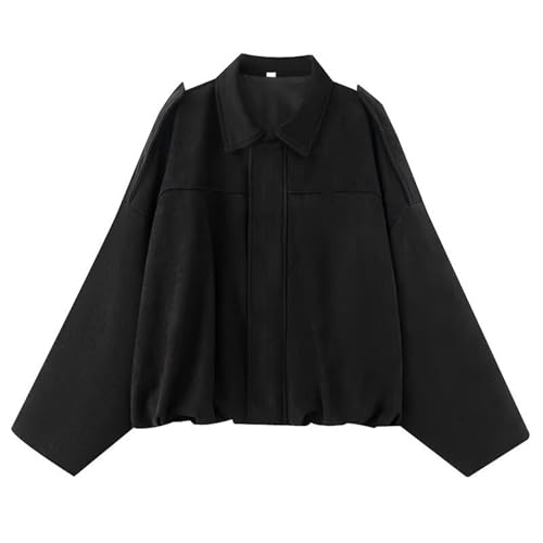 Wildlederjacke Damen Kurz Bomberjacke Übergangsjacke Oversized Revers Lederjacke mit Zip Tasche Aus Weichem Kunstwildleder mit Fleece-Futter Y2K 2025 Trendy Streetwear Outerwear für Herbst Schwarz,M von Generisch