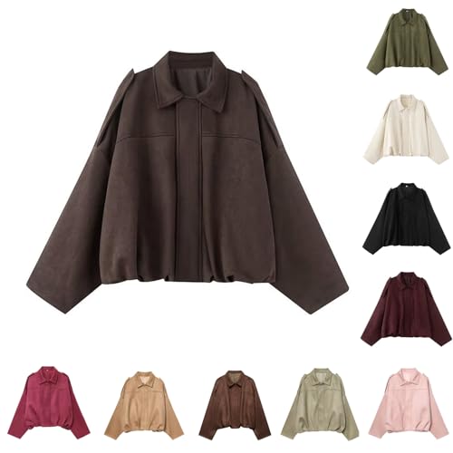 Wildlederjacke Damen Kurz Bomberjacke Übergangsjacke Oversized Revers Lederjacke mit Zip Tasche Aus Weichem Kunstwildleder mit Fleece-Futter Y2K 2025 Trendy Streetwear Outerwear für Herbst Kaffee,L von Generisch