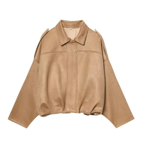 Wildlederjacke Damen Kurz Bomberjacke Übergangsjacke Oversized Revers Lederjacke mit Zip Tasche Aus Weichem Kunstwildleder mit Fleece-Futter Y2K 2025 Trendy Streetwear Outerwear für Herbst Khaki,Xs von Generisch