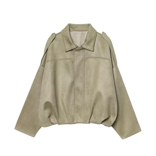 Wildlederjacke Damen Kurz Bomberjacke Übergangsjacke Oversized Revers Lederjacke mit Zip Tasche Aus Weichem Kunstwildleder mit Fleece-Futter Y2K Trendy Streetwear Outerwear für Herbst Light Grün,M von Generisch