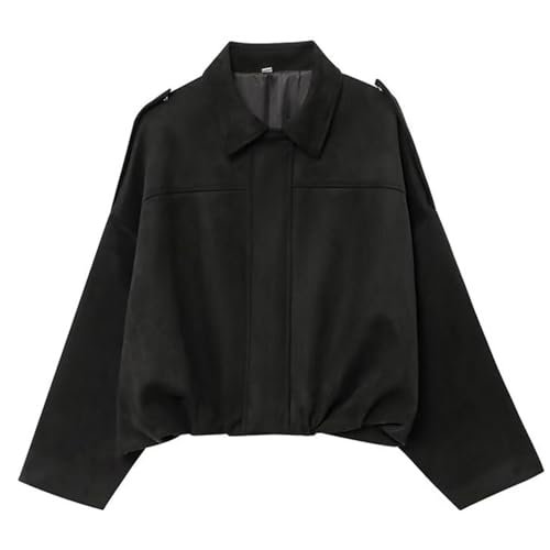 Wildlederjacke Damen Kurz Bomberjacke Weich Suede Jacket Warme Futter Kunstwildleder Kurze Lederjacke Komfortabel Pilotenjacke Übergangsjacke mit Locker Fledermausärmel Für herbst Streetwear von Generisch