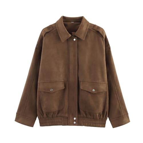 Wildlederjacke Damen Kurz Oversized Bomberjacke Herbstjacke Mit Reißverschluss - Kuscheliger Langarm Loose Einfarbig Übergangsjacke Mantel Casual Basic Klassisch Einfache Sportjacke Lounge Wanderung von Generisch