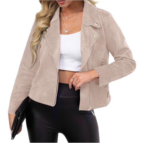Wildlederjacke Damen Übergangsjacke Bikerjacke Softshellmantel Leichte Jacke Damen Kunstleder Dünne Bomberjacke Outdoorjacke Kurz KunstWildlederjacke College Jacke für Frühling Herbst von Generisch