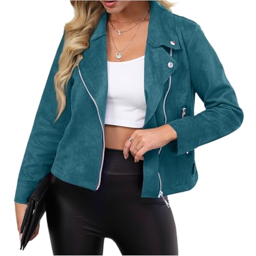 Wildlederjacke Damen Übergangsjacke Bikerjacke Softshellmantel Leichte Jacke Damen Kunstleder Dünne Bomberjacke Outdoorjacke Kurz KunstWildlederjacke College Jacke für Frühling Herbst von Generisch