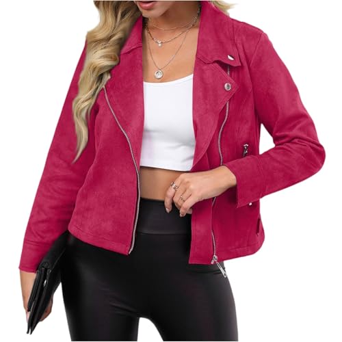 Wildlederjacke Damen Übergangsjacke Bikerjacke Softshellmantel Leichte Jacke Damen Kunstleder Dünne Bomberjacke Outdoorjacke Kurz KunstWildlederjacke College Jacke für Frühling Herbst von Generisch