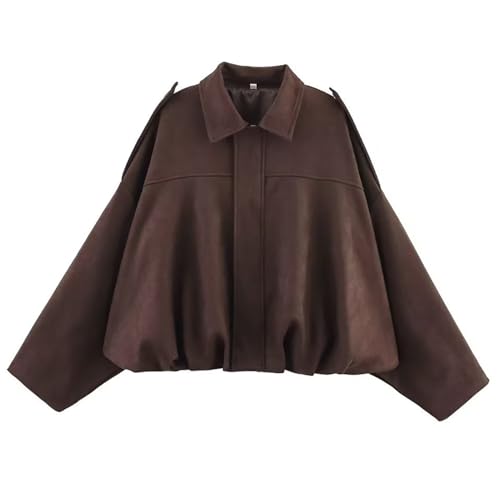Wildlederjacke Damen Y2K Herbstjacke Bomberjacke Retro Street Langarm lockere Motorradjacke (DE/NL/SE/PL, Alphanumerisch, L, Regular, Regular, Kaffeebraun) von Generisch