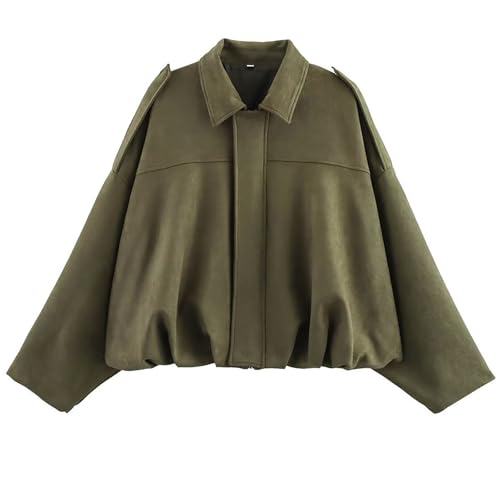 Wildlederjacke Damen Y2K Herbstjacke Bomberjacke Retro Street Langarm lockere Motorradjacke (DE/NL/SE/PL, Alphanumerisch, S, Regular, Regular, Grün) von Generisch