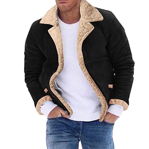 Wildlederjacke Herren Fleece Gefüttert Jacke Mode Reverskragen Steppjacke Slim Fit Vintage Freizeit Übergangsjacke mit Knöpf Langarm Warm Outdoorjacke Arbeitsjacke (Black, 5XL) von Generisch