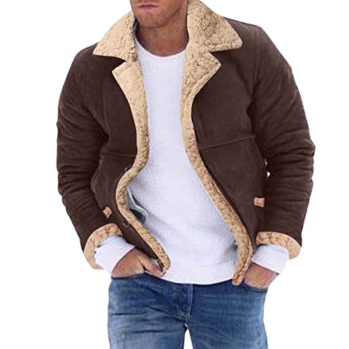 Wildlederjacke Herren Fleece Gefüttert Jacke Mode Reverskragen Steppjacke Slim Fit Vintage Freizeit Übergangsjacke mit Knöpf Langarm Warm Outdoorjacke Arbeitsjacke (Coffee, 3XL) von Generisch