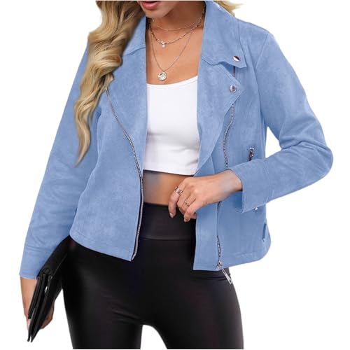 Wildlederjacke Kunstleder Bikerjacke Motorradjacke Wildlederjacke Damen Übergangsjacke Bomberjacke Dünne übergangsjacken College Jacke Frühling Suede Jacket Sportlich Elegante Jacke Rockiges Outfit von Generisch