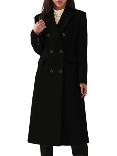 Winter Damen Wollmantel Zweireiher Mantel Trenchcoat Lang Tweed Mantel, Schwarz , M von Generisch