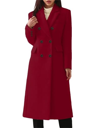 Winter Damen Wollmantel Zweireiher Mantel Trenchcoat Lang Tweed Mantel, weinrot, XXL von Generisch