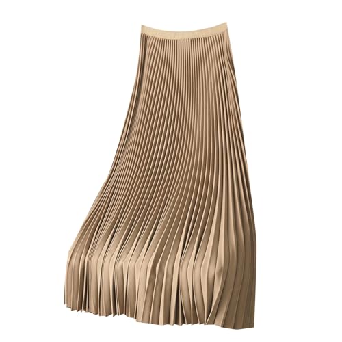 Winter Einfarbig Rock Lang Damen Elegant Satin Faltenrock Premium Vielseitiger Elastisch Taille Röck In Übergröße Mädchen Bequem Plisseerock High Waist Damenrock Lässig Röcke Große Größe (Beige, M) von Generisch