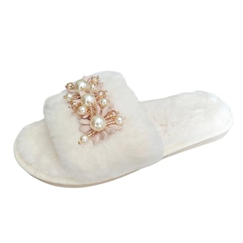 -Winter-Plüsch-Perlen-Blumen-Dekoration, offene Spitze, Flacher Boden, Baumwoll-Hausschuhe (Beige, 39) von Generisch
