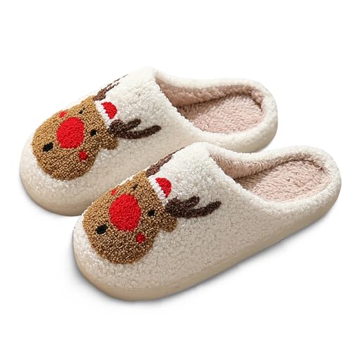 Winter Plüsch Weihnachten Hausschuhe Damen - Anti Rutsch Rentier Druck Slipper Kawaii Pantoletten Winterliche Mit Memory Foam Gemütliche Filzhausschuhe Für Frauen/Männer Indoor Outdoor Rot 36 von Generisch