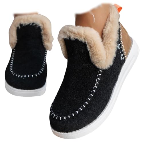 Winter Schneestiefel Damen Flach mit Kunstfell Futter Rutschfeste Sohle Hausschuhe Gemütliche Freizeit Outdoor Kurzstiefel Warme Weite Slipper Braun von Generisch