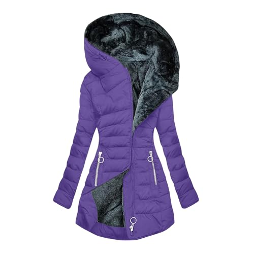 Winterjacke Damen Fleecejacke Mit Kapuze Steppjacke Damen Lang Einfarbig Wattierte Jacke Damen Plüschjacke Winterparka Damen Warm Gefüttert Oversize Locker Reißverschluss Wintermantel von Generisch