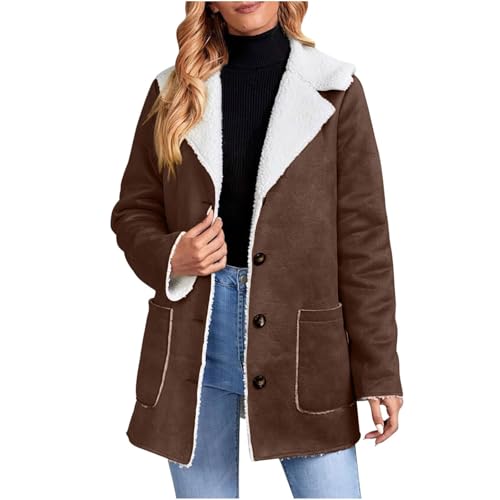 Winterjacke Damen Lang Wildleder Mantel Damen Winter Gefüttert Wintermantel Warm Wildlederjacke Damen Lange mit Teddyfutter Trenchcoat Elegant mit Knöpfen Dicke Fleecejacke Frauen mit Kragen von Generisch