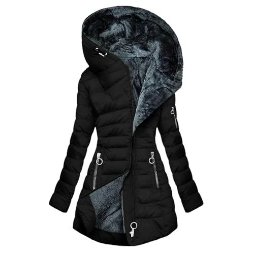 Winterjacke Damen Lange Steppjacke Wintermantel Warm Gefüttert Damenmantel Langarm Steppmantel Winter Puffer Jacke mit Kapuze Winterparka Fleece Mäntel Reißverschluss Große Größen von Generisch