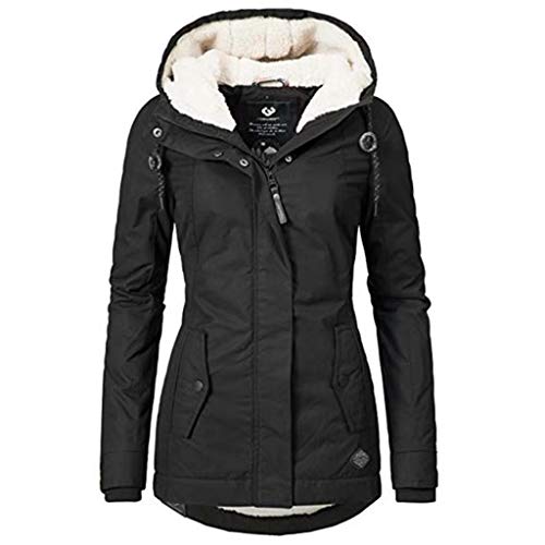 Winterjacke Damen Vlies Warm Trenchcoat Verdickter Fleece Parka Baumwollmantel Langarm-Kapuze Wintermantel Damen Lang Warm Gefüttert Wasserdicht Stilvoll Und Vielseitig (Schwarz,M) von Generisch