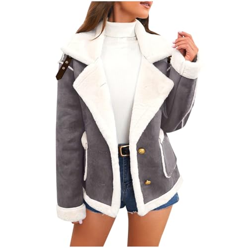 Winterjacke Damen Warm Gefüttert Fleecejacke Vintage Wildleder Pelzmantel Dicke Fleece Wintermantel mit Tasche Elegant Einfarbig Plüschjacke Outdoor Motorradjacke Revers Plüsch Lederjacke mit Knöpfen von Generisch