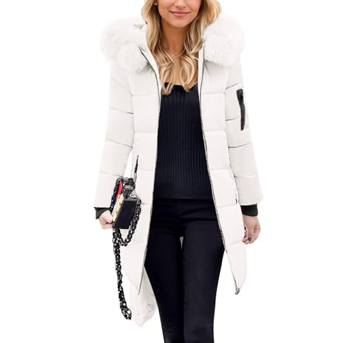 Winterjacke Damen Warm Gefüttert Wintermantel mit Kapuze Fleecejacke Übergroßer Mantel Reissverschluss Steppmantel Mittellang Einfarbig Softshelljacke Casual Übergangsjacke Damenjacken（White,XX-Large von Generisch