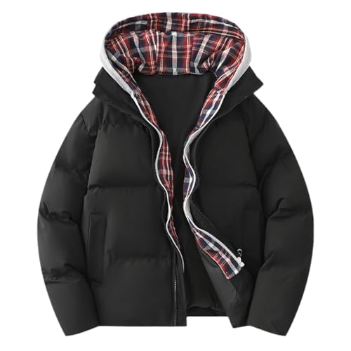 Winterjacke Herren Skijacke Gefälschten Zweiteiligen Oversize Steppjacke College Jacke Mode Patchwork Baseball Jacke mit Kapuze Verdickte Padded Jacket mit Reißverschluss (Black, L) von Generisch