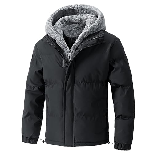 Winterjacke Herren Übergangsjacke mit Kapuze Gefälschten Zweiteiligen Reißverschluss Mantel Fleecejacke Warm Gefüttert Jacke Winddicht Wintermantel (Black, M) von Generisch
