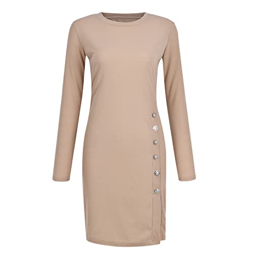 Winterkleid Damen Lang Elegant Eng Strickkleid Damen Winter Knielang mit Schlitz Strickkleider Langarm mit Knöpfen Pulloverkleid Damen Strick Slim Kleid Gestrickt Einfarbig Pullikleid Rundhals von Generisch