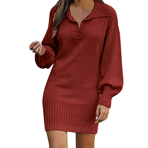 Winterkleid Damen Strickpulli Lässig Sweater Dress Strickkleid Fall Dress Damenkleid Einfarbige A-Linien Langarm Kleid Elegant Pulloverkleid Herbstkleid Damen Knielang Minikleid Strickkleid Damen von Generisch