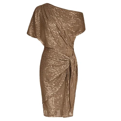 Winterkleider für Damen, Pailletten, glitzernd, Clubkleid, eine Schulter, gerüscht, figurbetontes Kleid, Midi-Kleider für Damen, braun, L von Generisch