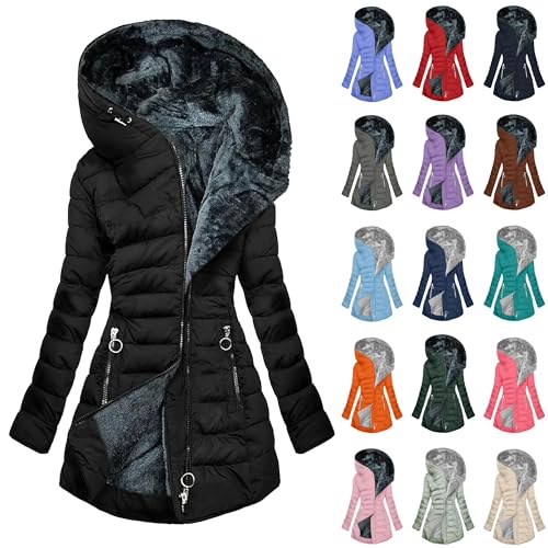Winterjacke Damen Lang Steppjacke Warmer Gefüttert Fleece Daunenjacke Mit Kapuze Winddicht Outdoorjacke Große Größen Damenmantel Winter Parka Jacke Langarm Wintermantel Casual Fleecejacke von Generisch