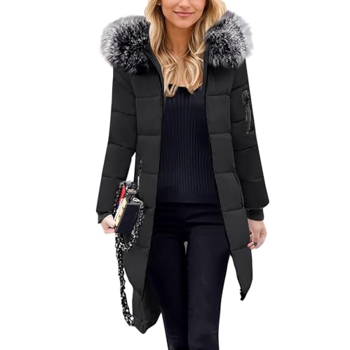 Wintermantel Damen Elegant Lang Winterjacke Winter Warm Pelzkragen Steppjacke Damenmantel Outdoor Winddicht Steppmantel Puffer Jacke Bequeme Gefüttert Winterparka Übergangsmantel Frauen（Black,X-Large von Generisch