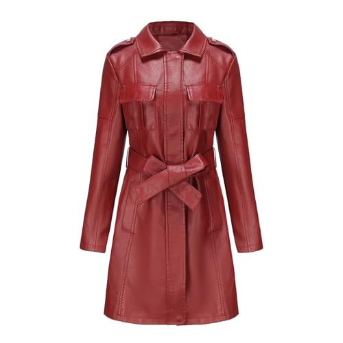 Wintermantel Damen Lang,Lederjacke Damen Lang Leder Langarm Ledermantel Mit Gürtel Revers Trenchcoat Übergangsmantel Moto Biker Kunstlederjacke Warme Winterjacket Slim Fit Kurzmantel Winterjacke von Generisch